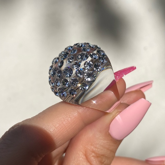 Women’s Acrylic Ring With Crystal Embellished Stones, Statement Ring, Clear - Picture 4 of 16